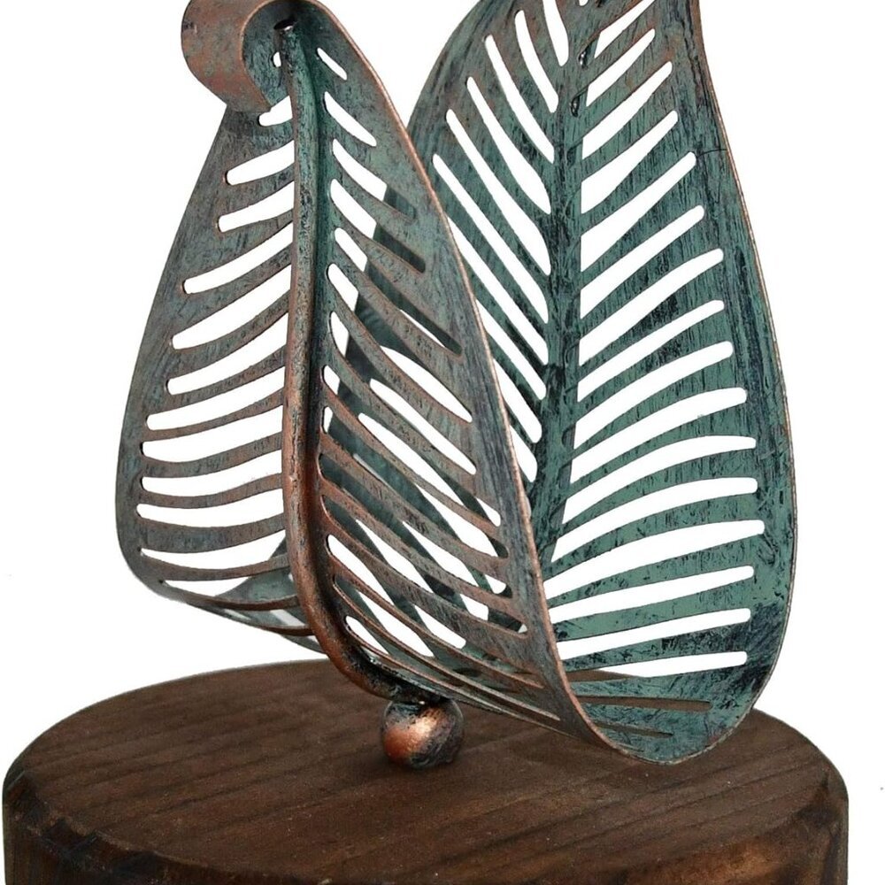 Freestanding Modern Napkin Holder w/Golden Turquoise Metal Leaf & Brown Wooden B